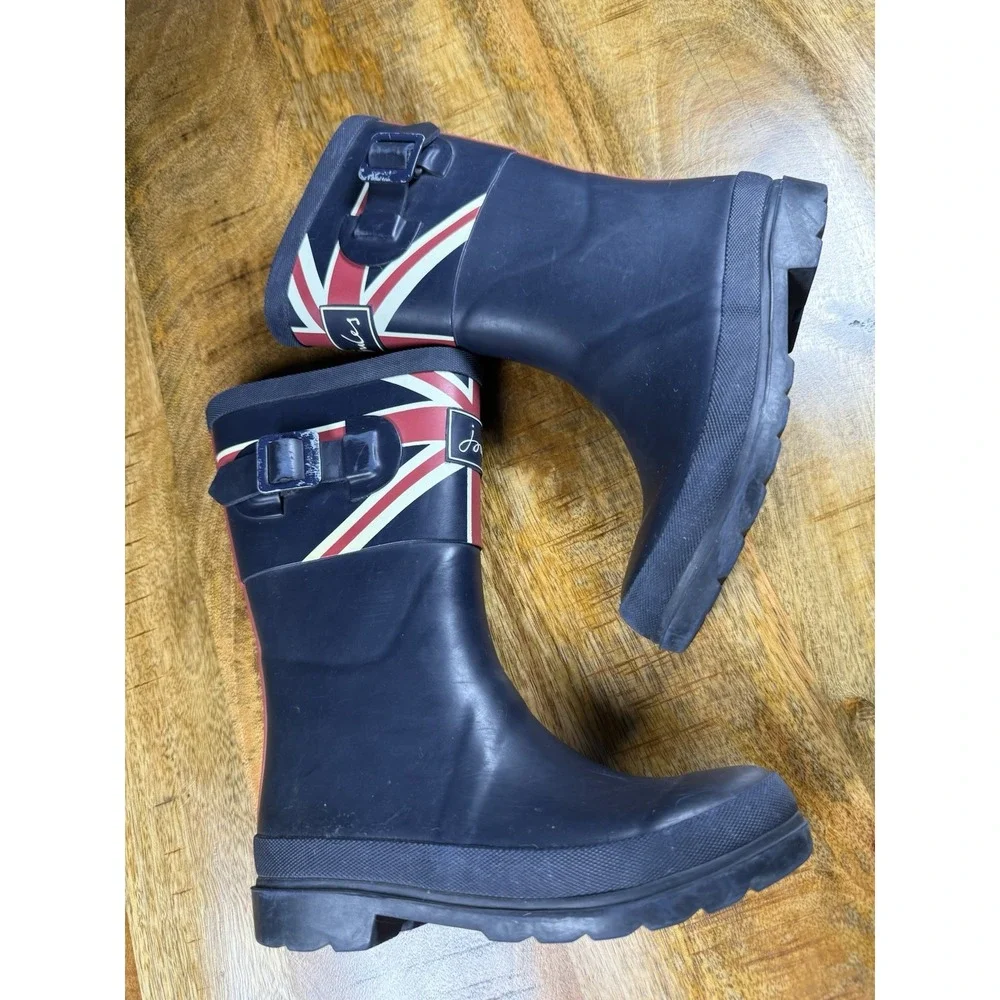 Joules Union Jack Rain Boots Kids US 2 EU 33 Navy Rubber Wellington Buckle